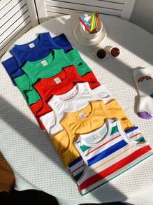 SHEIN 6pcs/Set Baby Boys' Casual, Versatile Knitted Colorful Striped & Solid Tank Tops, Summer All-Match Essentials