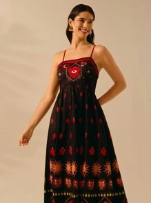 CAJUNI Women's Boho Tropical Leopard, Turtle Back Bamboo, Devil's Eye, Snake And Bird Print, Halter Black Ultra Long Dress, Summer Casual, Beach Holiday Dress - Multicolor - View 1