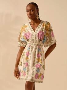 CAJUNI Women's Boho Floral Print V-Neck Loose Beach Mini Dress, Casual For Summer Vacation - Multicolor - View 1