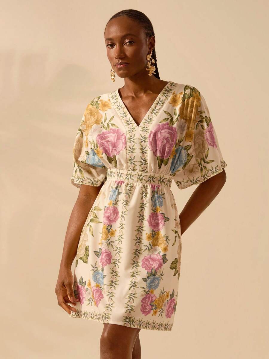 CAJUNI Women's Boho Floral Print V-Neck Loose Beach Mini Dress, Casual For Summer Vacation - Multicolor - View 1