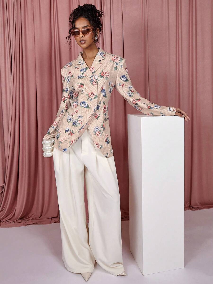 COSMINA Women's Floral Print Lapel Neck Long Sleeve Casual Suit Jacket - Multicolor - View 1