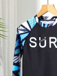 Tween Boy Letter & Geometric Print Raglan Long Sleeve Top And Shorts Swimsuit Set - Multicolor - View 6