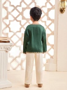 Young Boy Plain Color Block Long Sleeve Casual Top And Pants Set - Dark Green - View 2