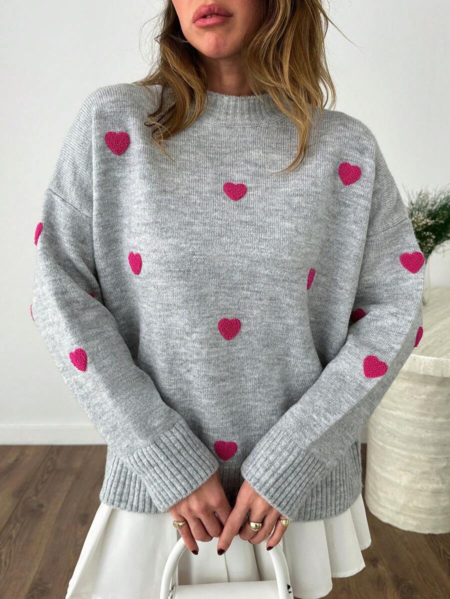 EURMUSE Women Gray Knitted Sweater With PINK Heart Pattern Long Sleeve Oversized - Grey - View 1