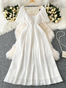 SHEIN LUNE Plus Size U-Neck Ruffle Sleeve A-Line Casual Dress,Sun Dress - White - View 2