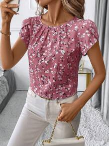 SHEIN Clasi 休闲通勤小碎花花瓣袖褶皱衬衫 - 粉色 - 查看 3