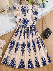 SHEIN Tween Girl Ruffle Hem Allover Print Front Tie Elegant Dress - Blue - View 2
