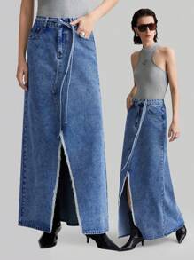 Ontre 女式前扣口袋简约牛仔裙，日常休闲穿着 - 中等水洗藍 - 查看 1