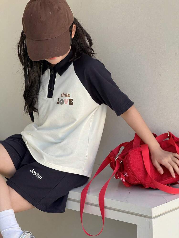 2pcs Tween Girls Set: Letter Print Polo Collar Short Sleeve Top And Shorts,Girls Summer Outfits,Back To School Clothes