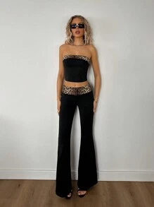 SHEIN ICON 2pcs/Set Leopard Print Patchwork Contrast Color Bandeau Top And High Waist Fitted Flare Pants - Black - View 1
