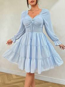 SHEIN Clasi Đầm chữ A xẻ eo cao cổ chữ V tay cánh dơi màu trơn cỡ lớn cho nữ - Màu xanh lam - Xem 5