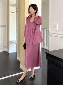 DAZY 2pcs Elegant & Sophisticated Blazer And Spaghetti Strap Dress Suit Set - Coral Pink - View 6