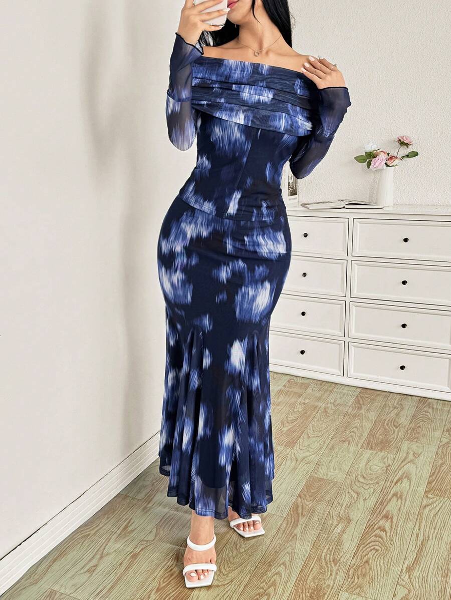 Modelyn 2件套女士露肩长袖上衣和紧身裙 - 彩色 - 查看 1