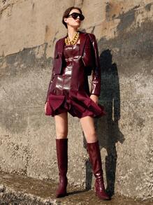 Anewsta Valentine's Day Autumn Shiny PU Leather Patch Mesh Splicing U-Neck Dress With Suit Jacket, Co-Ord Set