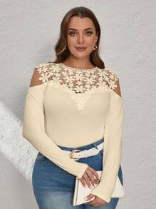 SHEIN Clasi Plus Size Women Contrast Lace Open Shoulder Long Sleeve Elegant T-Shirt,Suitable For Workplace, Afternoon Tea, Date, Concert, Party, Retro College Style - Apricot - View 1
