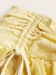 Sweetina Women's Ultra Low Waist Lace & Mesh Double Layer Pleat Tied High Slit Skirt - Mustard Yellow - View 3