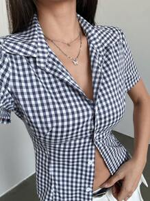 Sweetra Retro Hong Kong Style Mini Plaid Waisted Slim All-Match Versatile Polo Collar Women Short Sleeve Shirt, Spring/Summer