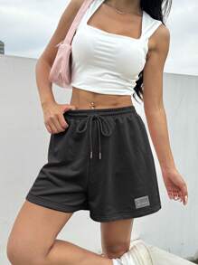 SHEIN EZwear Summer Loose Casual Pink Drawstring Waist Patch Detail Sports Shorts - Grey - View 4