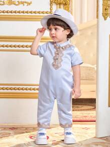 SHEIN Baby Boy/Girl Embroidered Traditional Pattern Short Sleeve Jumpsuit - Baby Blue - View 3