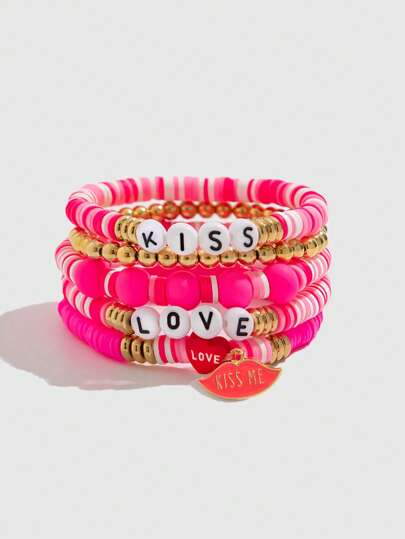 Kawaii 5pcs/Set Romantic LOVE Beaded Pink Valentine's Day Bracelet, Gift For Women