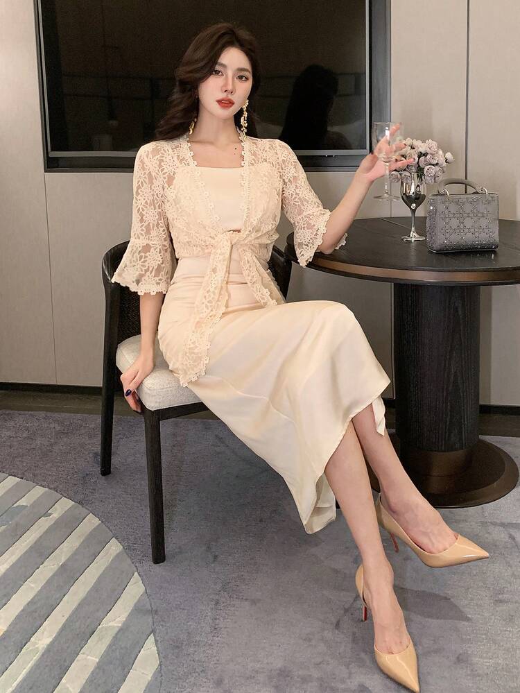 2 Pieces Set: Lace Trim Camisole Dress & Shirt For Women