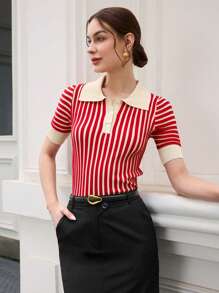 BizChic 女式条纹 Polo 领短袖毛衣，都市通勤商务休闲基本款上衣，秋冬优雅外套