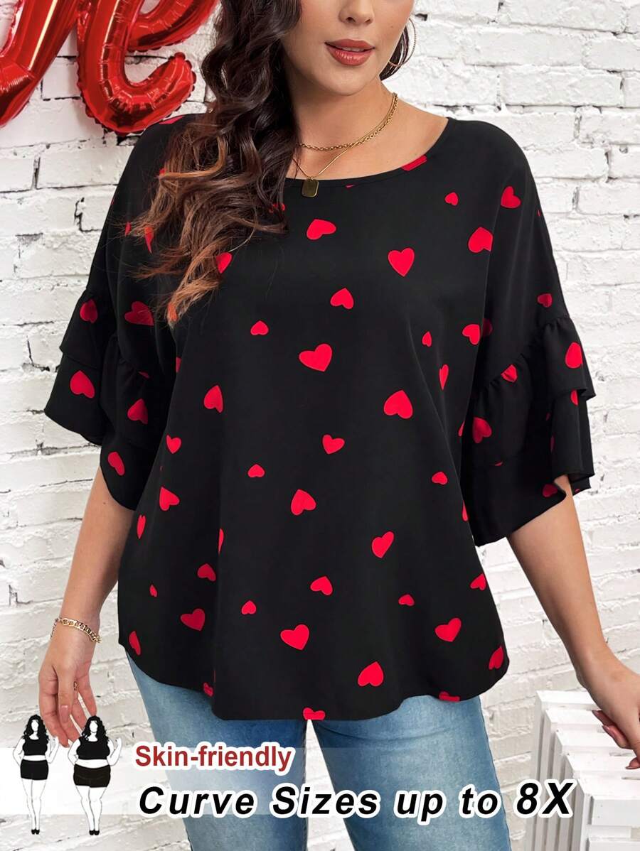 SHEIN CURVE+ CURVE PLUS /Valentine's Day/Plus Size Valentine's Day Cute Date & Party Red Heart Blouse, For Summer - Black - View 1