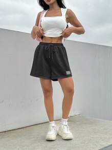 SHEIN EZwear Summer Loose Casual Pink Drawstring Waist Patch Detail Sports Shorts - Grey - View 5