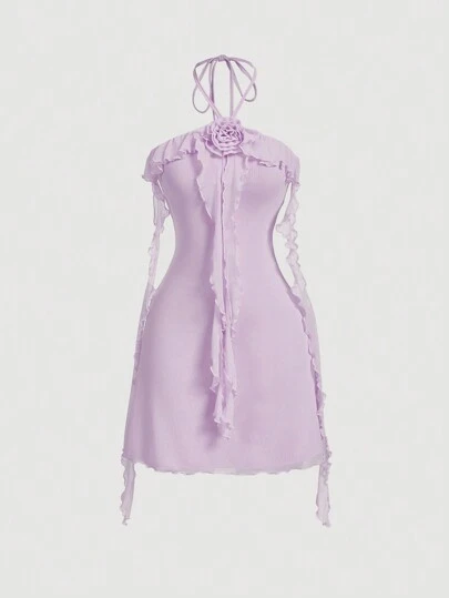 SHEIN MOD 淡紫色无袖荷叶边花卉装饰弹力针织网眼女式连衣裙