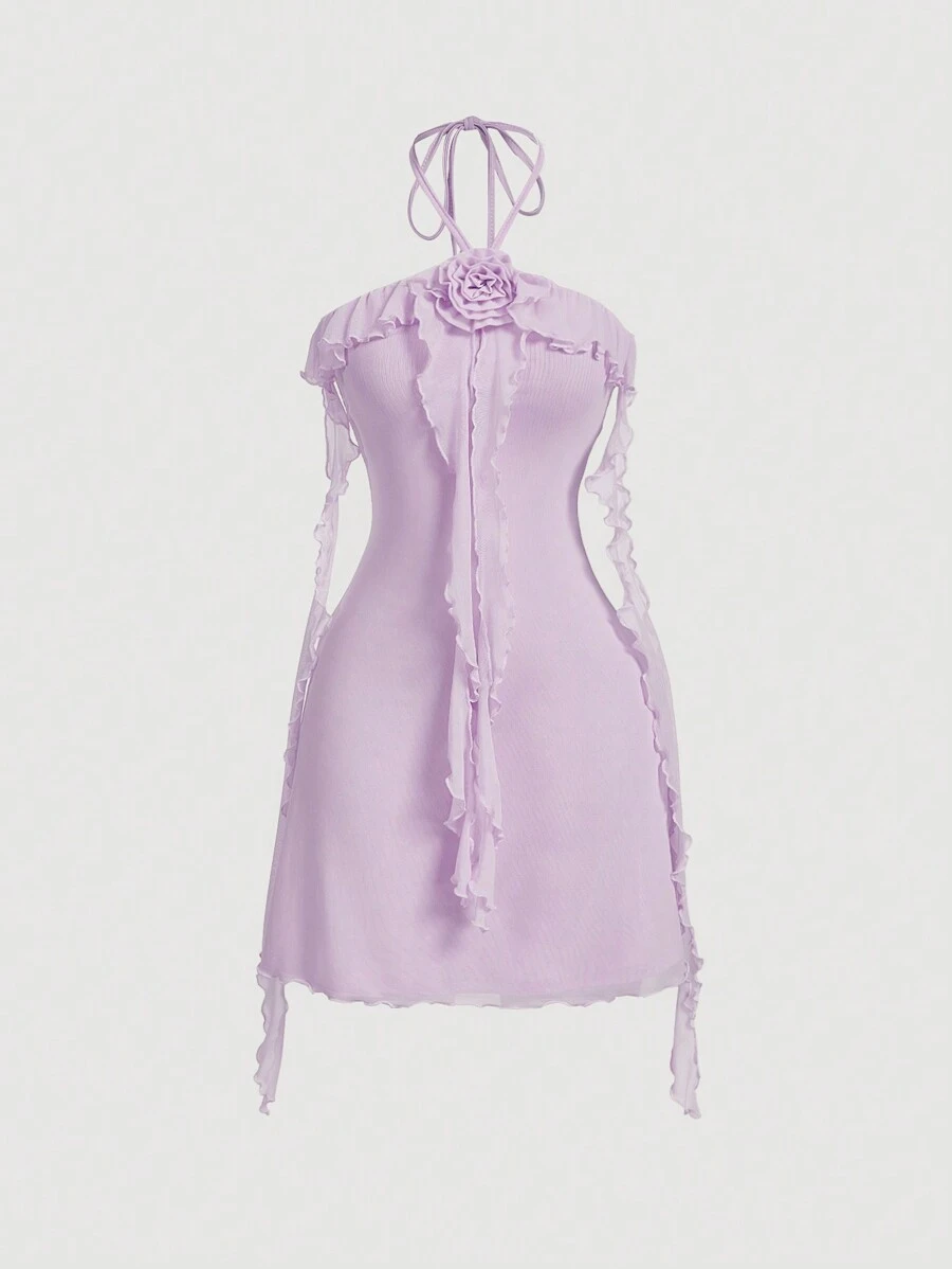 SHEIN MOD 淡紫色无袖荷叶边花卉装饰弹力针织网眼女式连衣裙 - 紫丁香色 - 查看 1