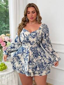 Sunnyshic Mono elegante de manga larga con escote en V, estampado floral sutil, diseño estilizador, nueva llegada para primavera y otoño
