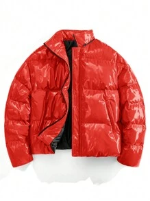 Manfinity RebelGame Chaqueta con capucha casual de unicolor con cremallera brillante, estilo collar, invierno para hombre