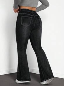 SHEIN Tall CURVE 大码休闲水洗高腰喇叭牛仔裤 - 黑色 - 查看 2