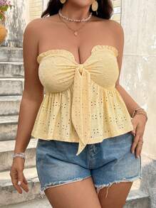 SHEIN VCAY Plus Size Women Strapless Tie Front Beach Crop Top - Yellow - View 5
