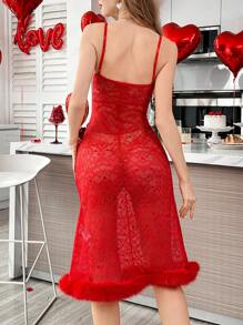 Vestido de camisón con escote de tirantes finos, encaje y decoración esponjosa en forma de corazón, para el Día de San Valentín
