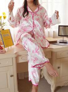 SweetSlumber Plus Size Bowknot Print Chiffon Ruffle Trim Colorblock Pink Pajama Set, For Valentine's Day