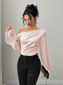Chiquease Women's Elegant Solid Color Oblique Shoulder Ruched Flare Cuff Shirt, Autumn One Shoulder Top - Baby Pink - View 4