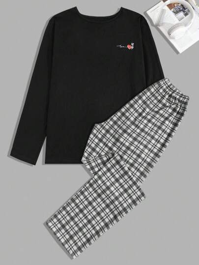 EURMUSE 2pcs Men's Comfortable Casual Printed Long Sleeve Top T-Shirt And Plaid Long Pants Pajama Set