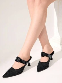 CUCCOO CHICEST 尖头低跟穆勒鞋，蕾丝新娘鞋，性感系带高跟女士凉鞋，适合街头和度假，适合圣诞节和新年假期氛围秋冬季 - 黑色 - 查看 5