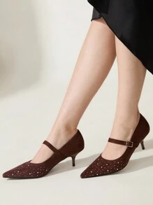 CUCCOO CHICEST Brown Pointed Toe Rhinestone Velvet Comfortable Versatile Strap Low Kitten Heel Flats