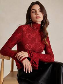 Anewsta Crochet Hollow High Collar Asymmetrical Ruffle Cuff Fitted Crochet Top - Red - View 2