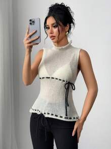 SHEIN Unity 女士百搭吊带背心上衣，简约优雅针织背心衬衫，百搭通勤风格 - 杏色 - 查看 1