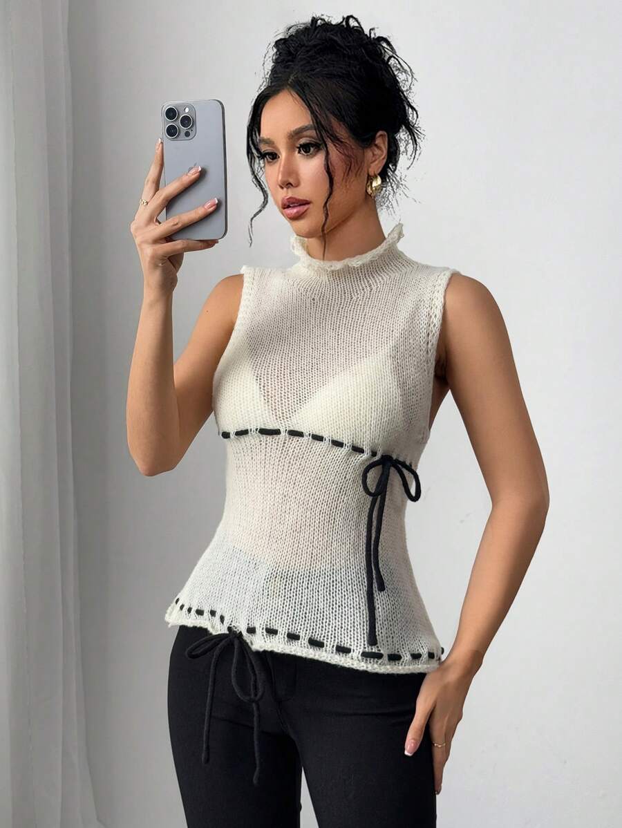 SHEIN Unity 女士百搭吊带背心上衣,简约优雅针织背心衬衫,百搭通勤风格 - 杏色 - 查看 1