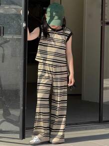 Dazy Kids 青少年女孩撞色条纹背心和裤子两件套，返校服装