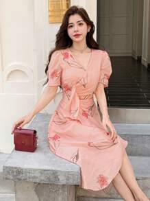DAZY V-Neck Floral Print Puff Sleeve Pleated Ruffle Hem Mid-Length Dress For Women Sundress,Casual Women Dresses Easter - Pink - View 3
