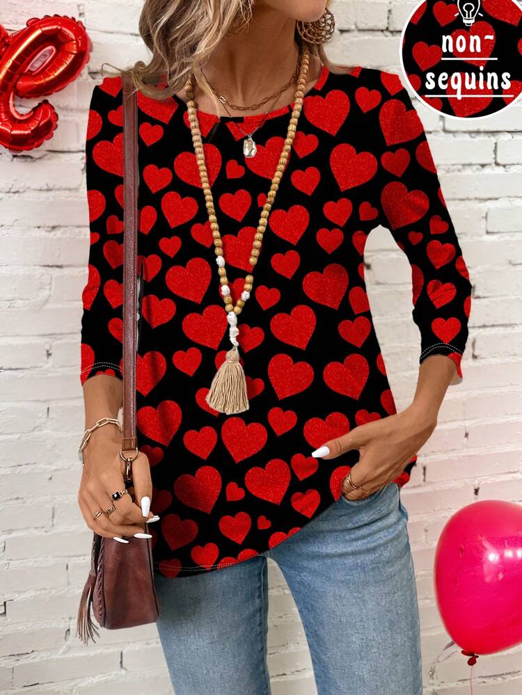 Women Round Neck Long Sleeve Heart Print Casual T-Shirt