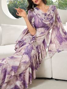 Modelyn Women's Tie-Dye Print Draped Neck Split Long Sleeve Dress, Elegant