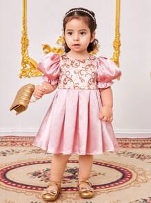 SHEIN Babygirl Adorable Pink Ruffled Summer Bubble Short Sleeve Dress - Pink - View 4