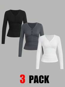 SHEIN EZwear 女士 V 领长袖褶皱休闲 T 恤，纯色，秋季