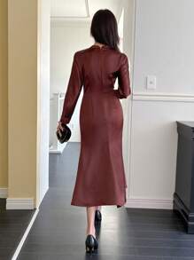 DAZY Elegant Round Neck Ruched Waist Fishtail Dress For Women, Fall Dress Long Sleeve Dress Red Women Dress - Burgundy - View 6